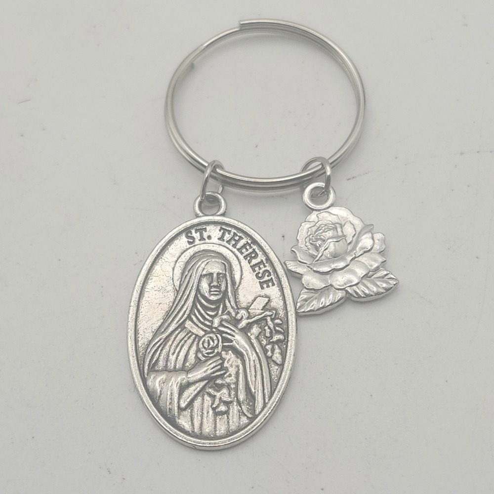 St Therese Lisieux Keychain Religious Rose Medal Pray For Us Silver Tone Gift